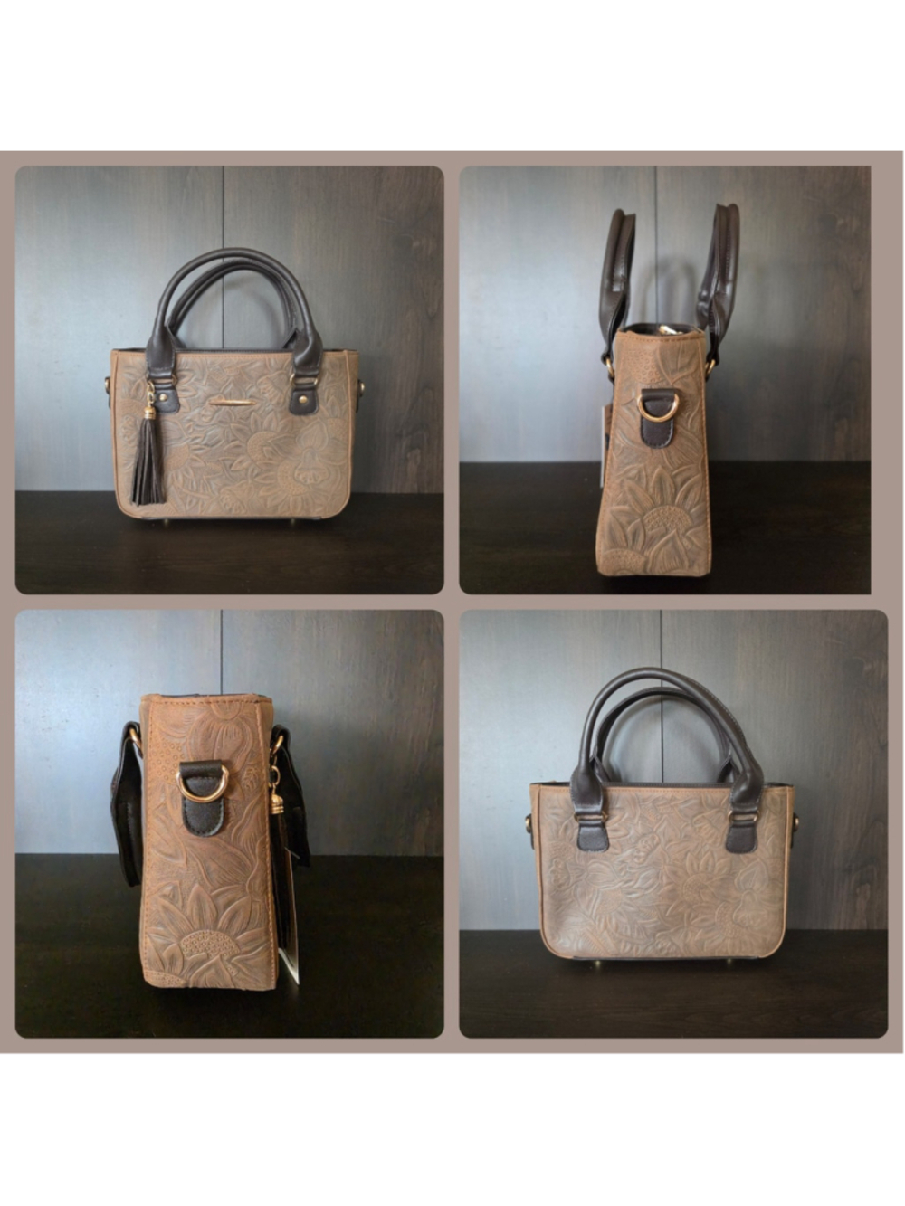 Milk Chocolate Brown Tasseled Sunflower Embossed Tooled Artisan LEATHER Purse - Picture 15 of 16